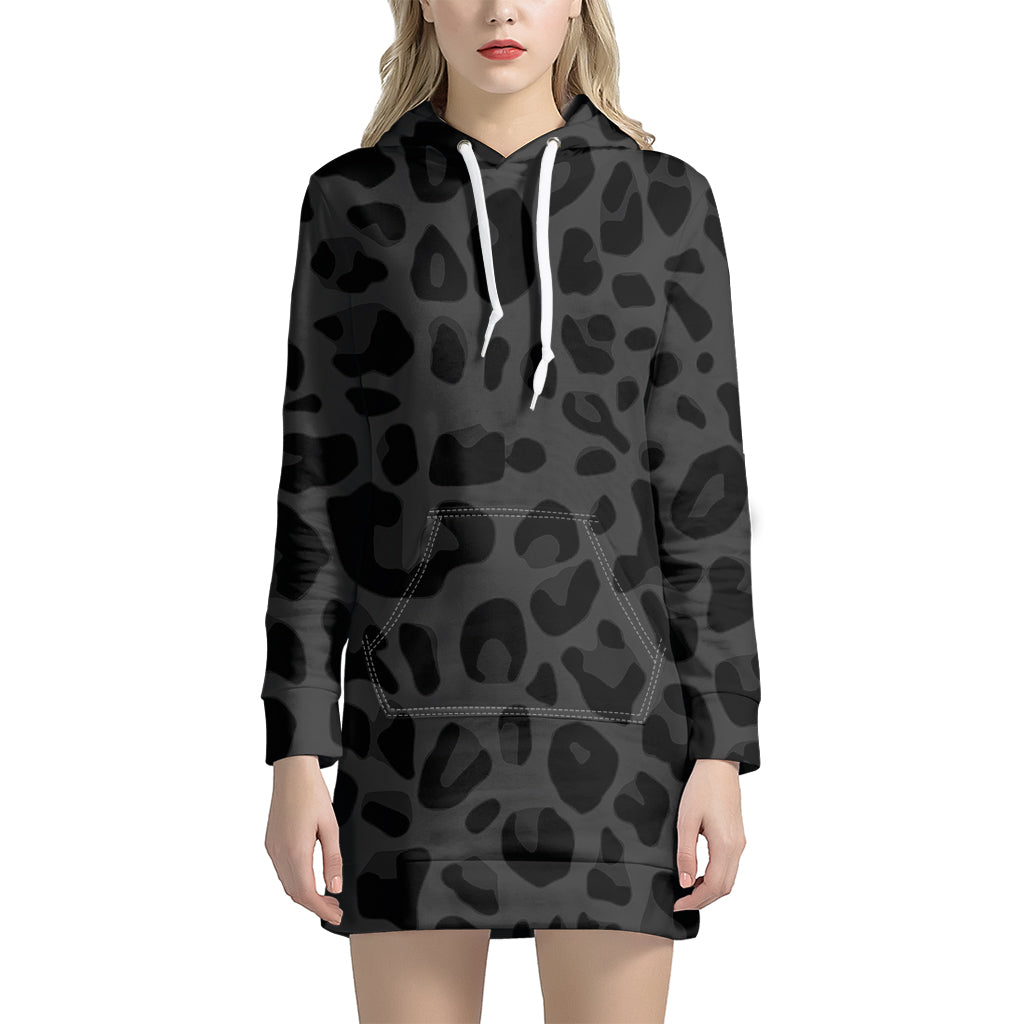 Black Leopard Print Women’S Pullover Hoodie Dress