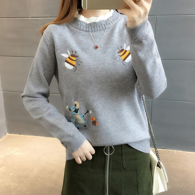 Women’s Embroidered Sweater Fashion Knit Bee-Grain Knit Sweater Warm Turtleneck Versatile Bottom Shirt Fall 2021 New Product alx