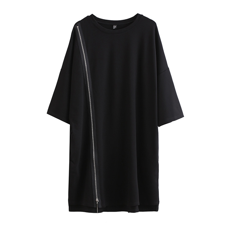 Women Black Zipper Oversized Dress New Half Sleeve Loose Casual All Match Elegant Dresses Fashion Clothes Spring Autumn 2022 alx