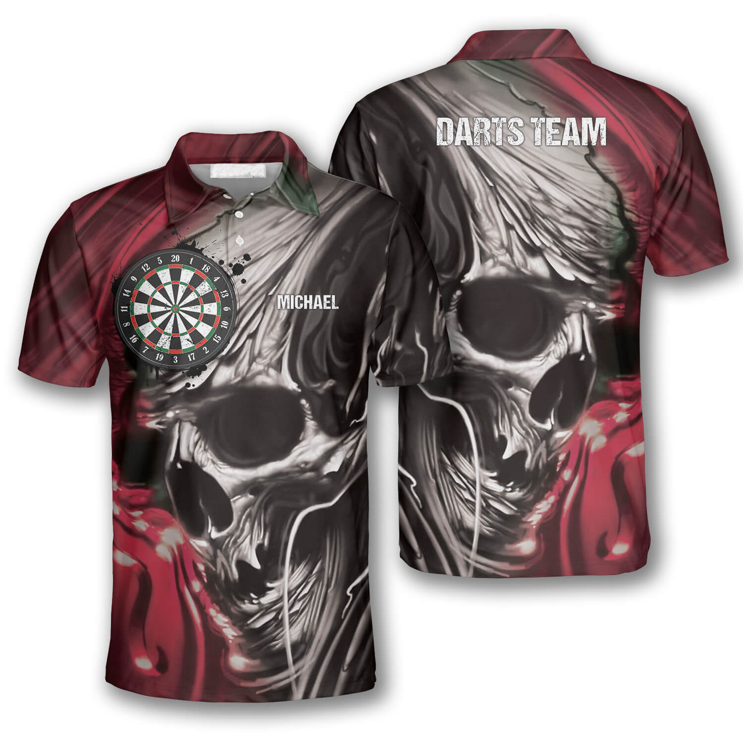 3D All Over Print Dart Polo Shirt, Skull Br Custom Darts Shirts For Men, Red Skull Dart Shirt