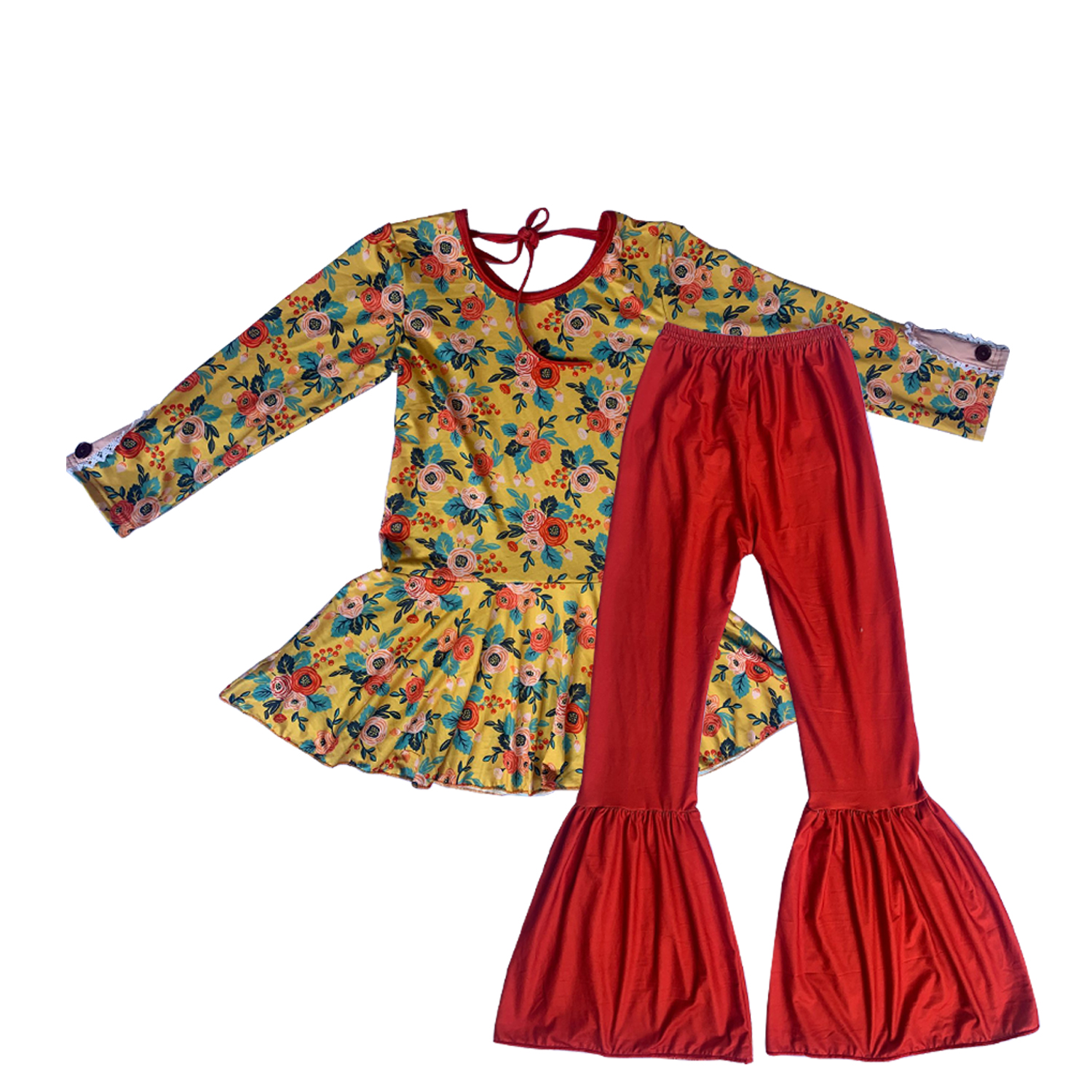 baby girls Fall winter tunic floral pattern long sleeve dress top and red bell pant outfit kids clothes alx