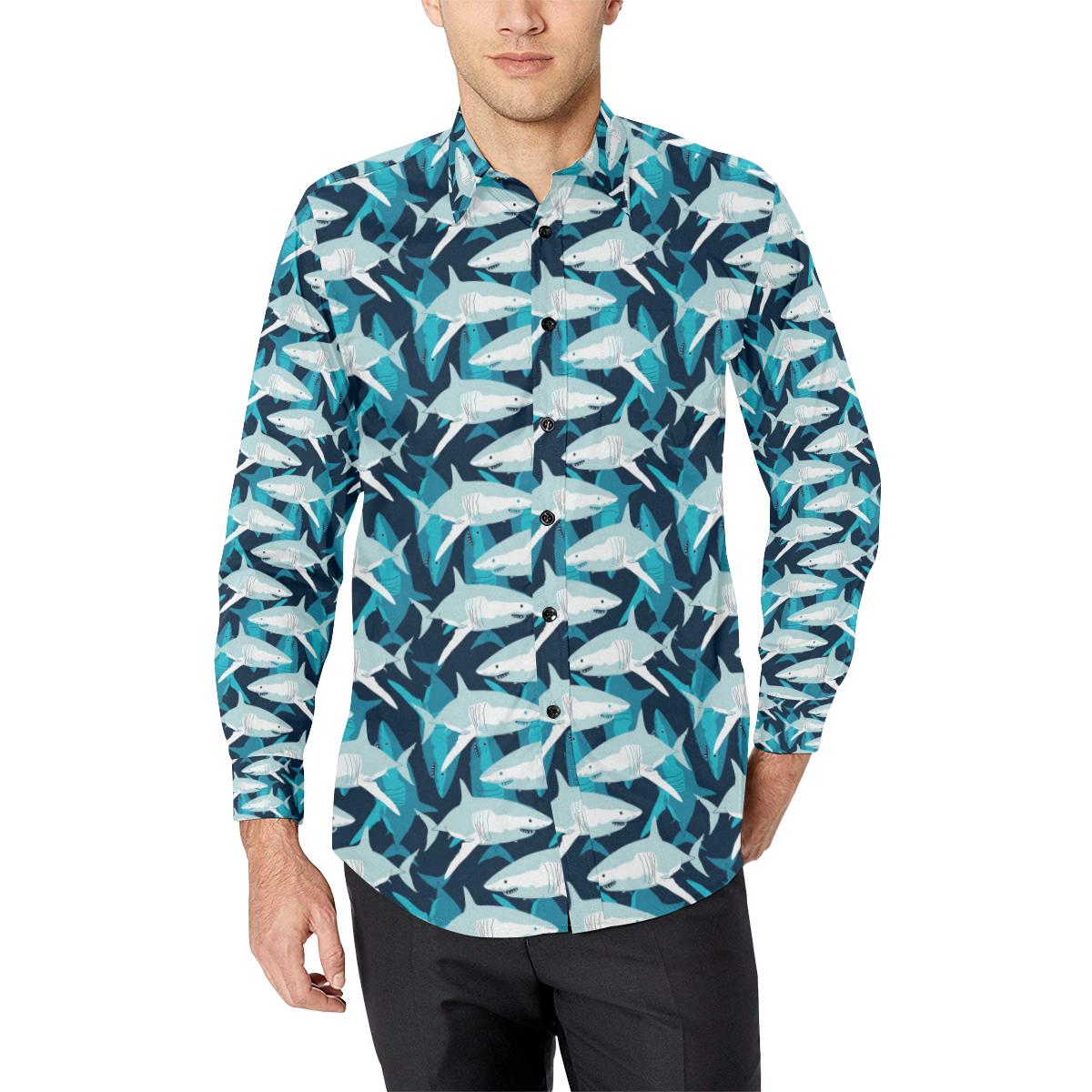 Shark Design Print Long Sleeve Dress Shirt