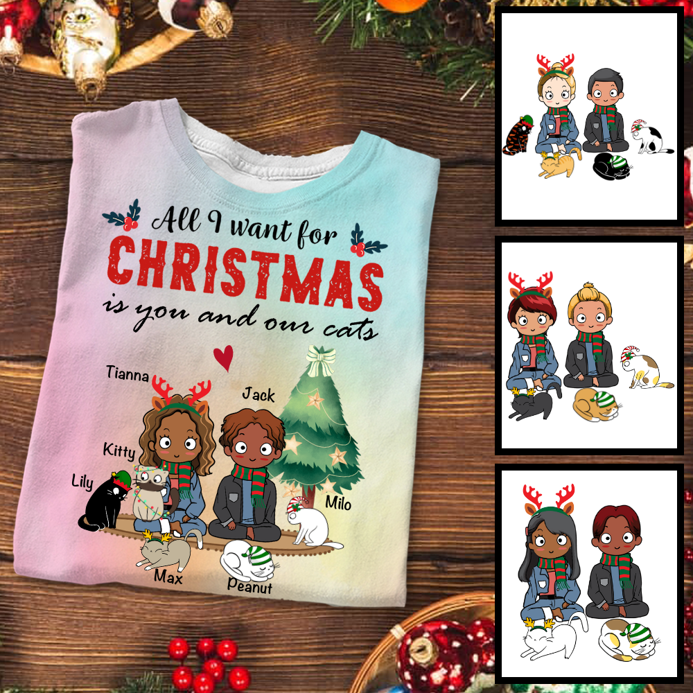 Christmas Chibi Couple Cats Personalized Tie Dye Shirt Sweatshirt Hoodie Ap384