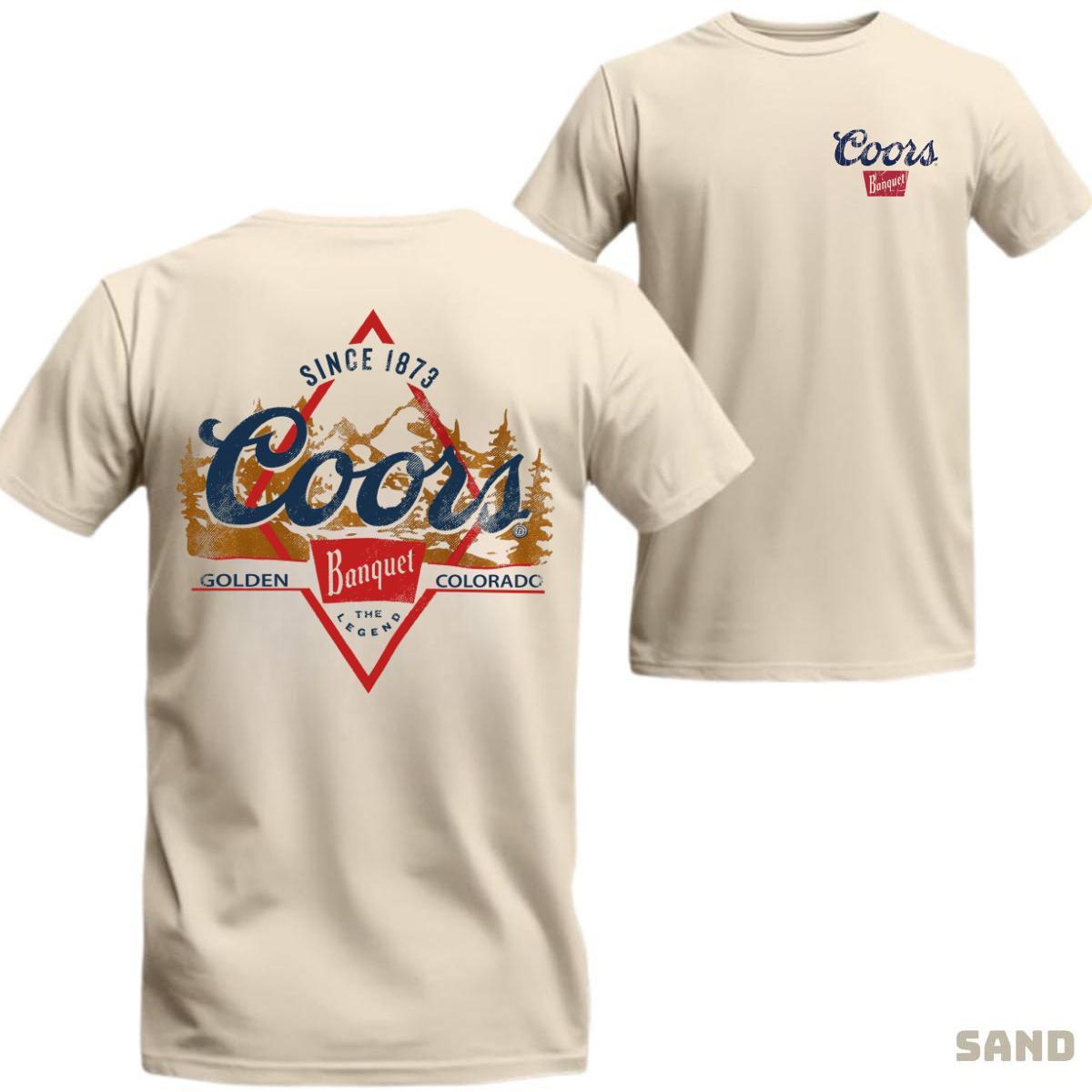 Coors Banquet 2 Sider T-Shirt – Vintage Coors Design with Mountain and Forest Graphics Perfect for Beer Lovers, Cotton Material, Unisex Menswear Top Crewneck