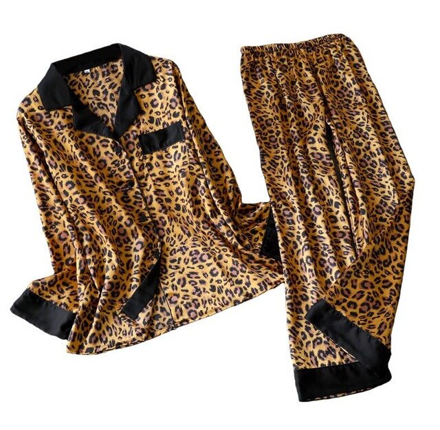 Leopard Women Stripe Satin Pajamas Sets Long Sleeve 2 Pcs Silk Home Clothing Sleepwear