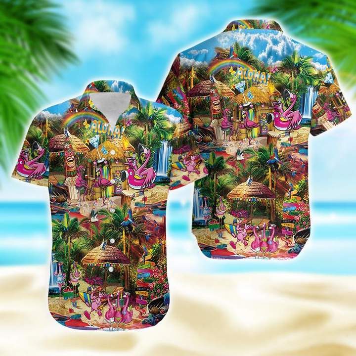 Flamingo At Tiki Bar Tropical For Men Women Hawaii Shirt Ha66238