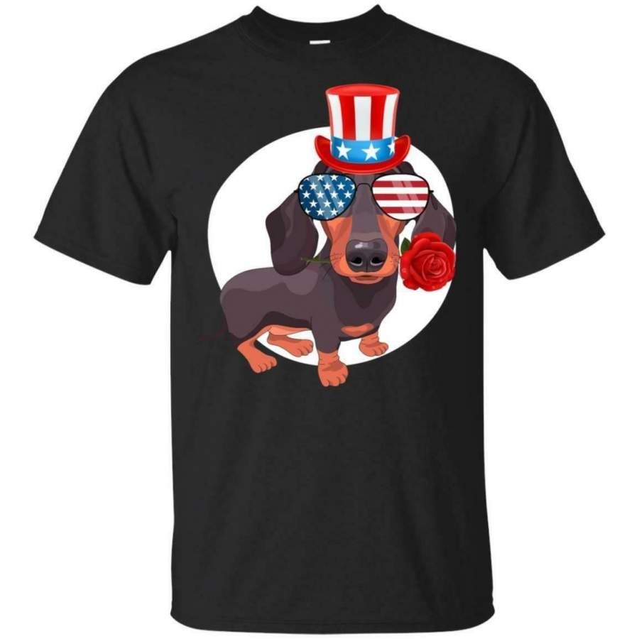 Fashion Man Funny Dachshund American Flag T Shirt 4th of July Patriotic Dog Lover Cotton Tee