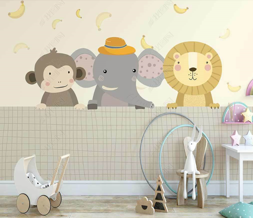 3D Cartoon Animal Lion Banana Wall Mural Wallpaper Lqh 139