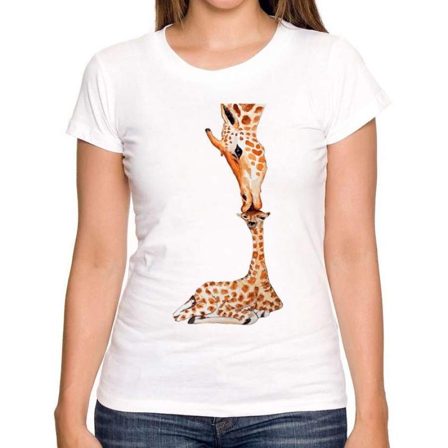 Hand-Painted Style Cute Giraffe Women T-Shirt Summer Fashion Animal Maternal Love Short Sleeve Printed Novelty T Shirts