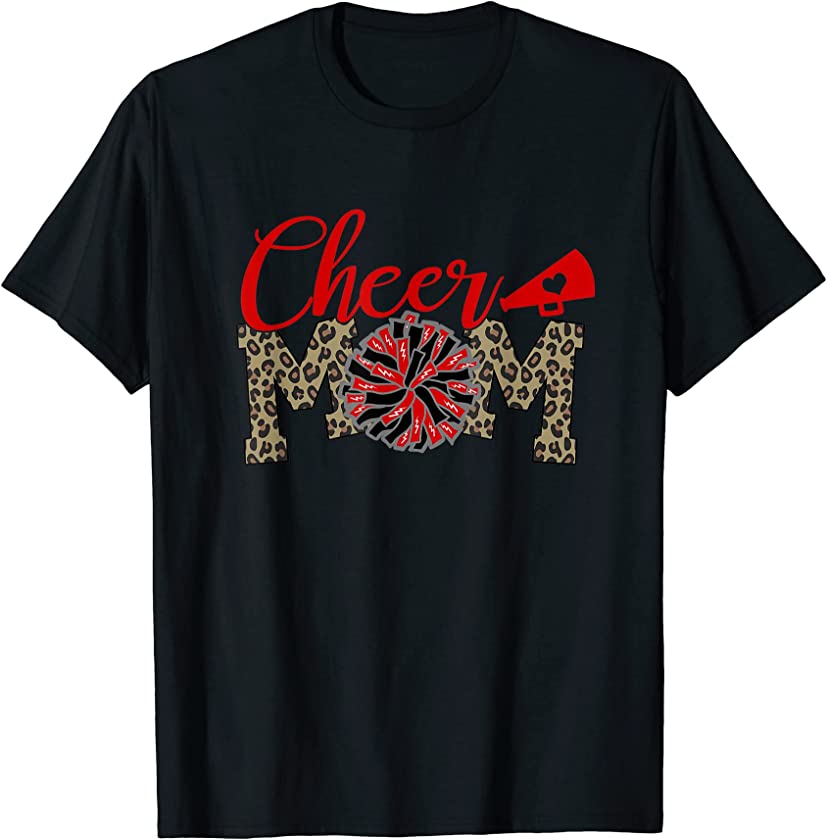 Cheer Mom Biggest Fan Leopard Print Black And Red Pom Pom T-Shirt