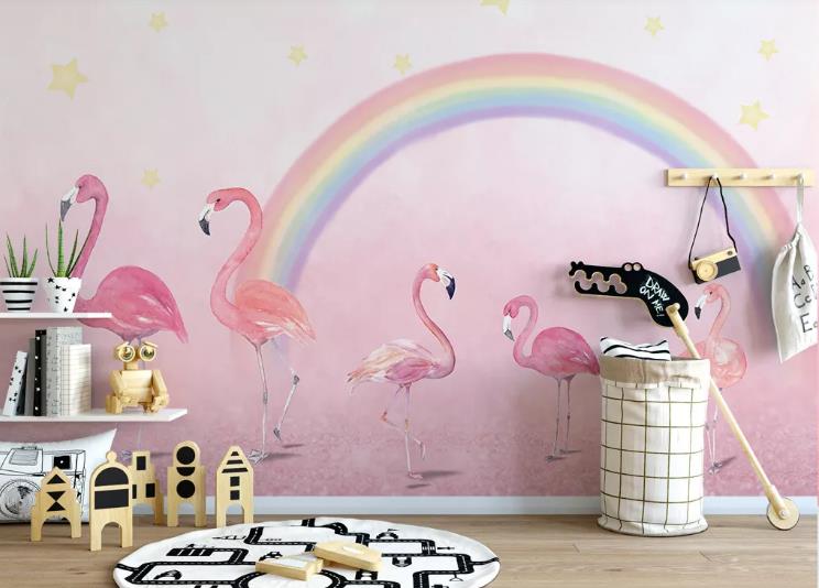 3D Cartoon Animal Flamingo Rainbow Wall Mural Wallpaper Lqh 316