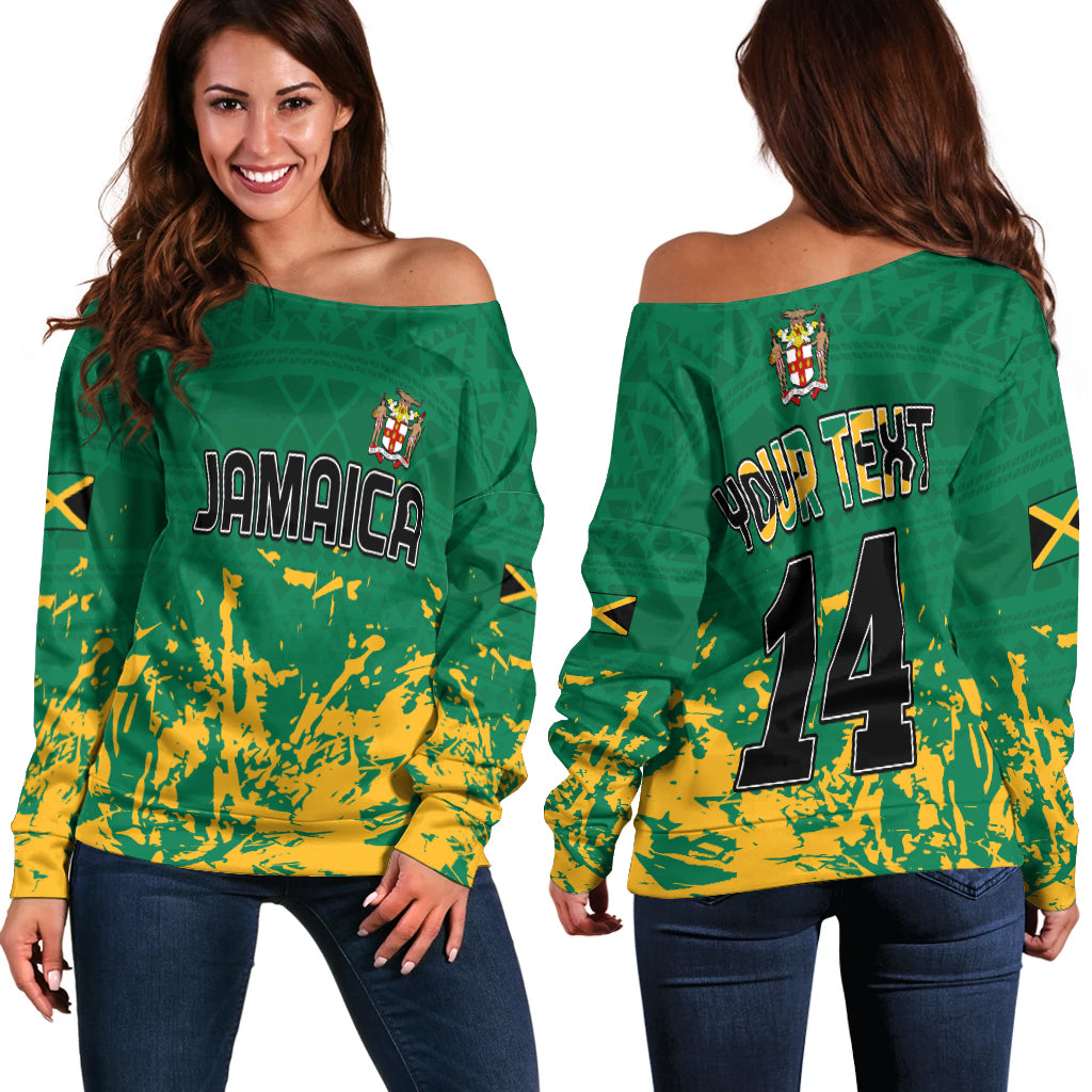 (Custom Text And Number) Jamaica Athletics Off Shoulder Sweater Jamaican Flag With African Pattern Sporty Style Lt14