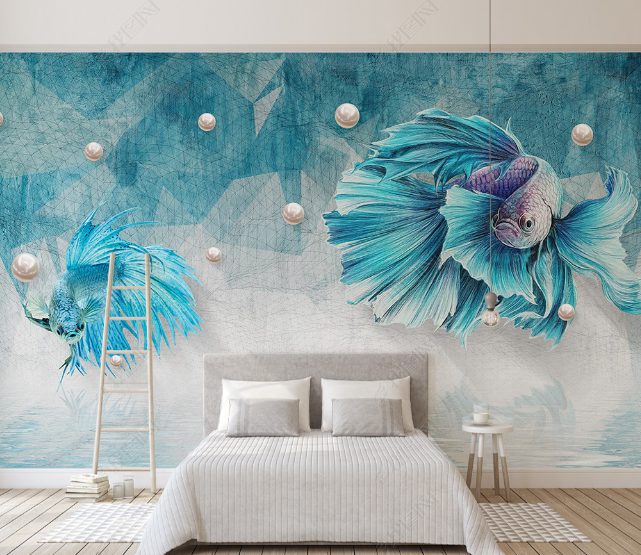 3D Watercolor Animal Fish Blue Wall Mural Wallpaper Lqh 135