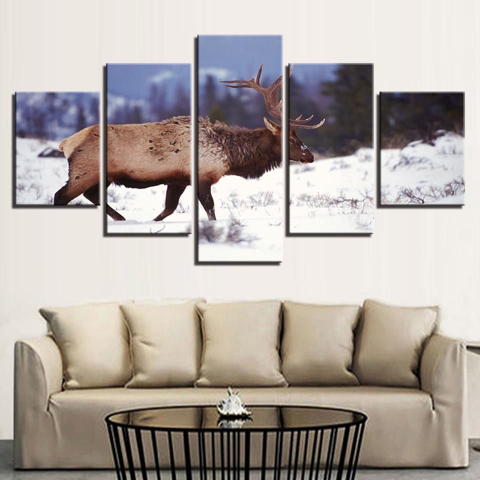 Winter Snow Forest Deer Animal 5 Panel Canvas Art Wall Decor