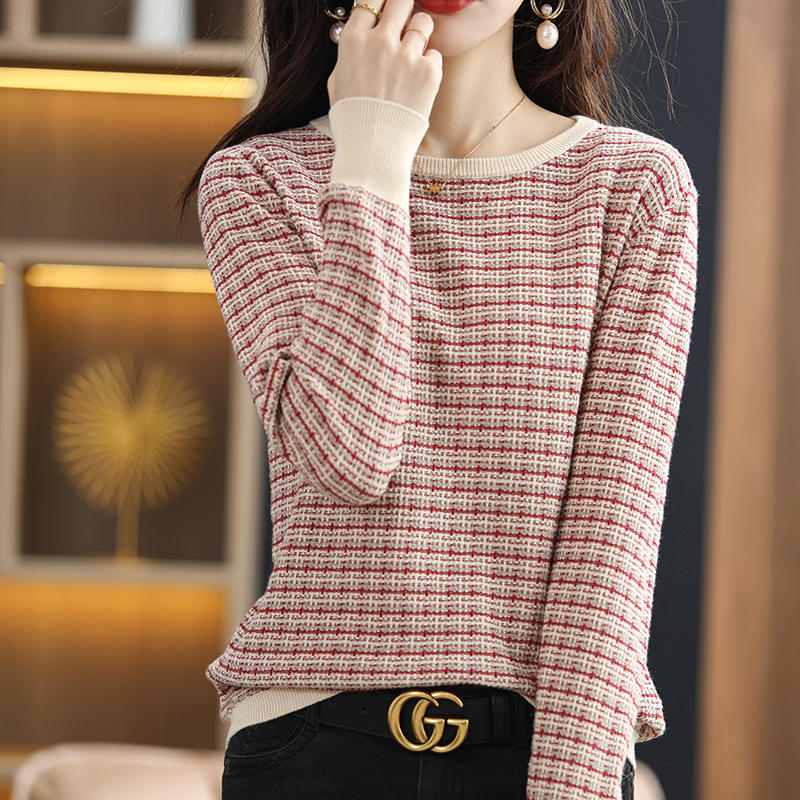 Women’s Autumn Winter 100% Cotton Soft Sweater O-Neck Pullover Color Contrast Striped Casual Knitted Bottoming Warm Sweater alx