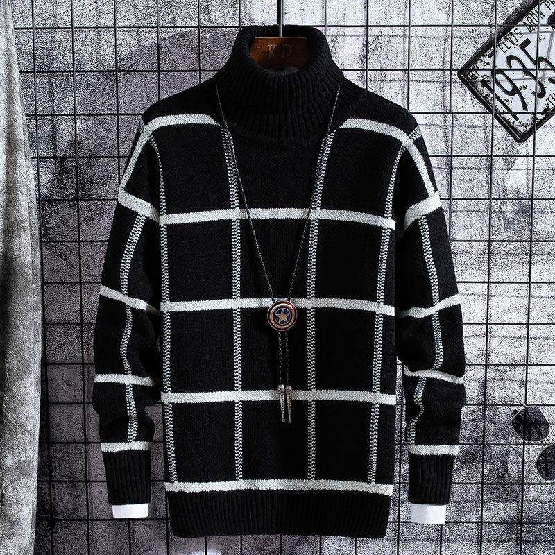 Black White Line Knitted Sweater O-Neck Pullover Sweater Lattice Knitted Turtleneck Sweater Men Pull Homme Spring Slim Sweater alx