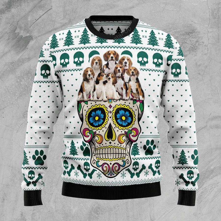 Sugar Skull Beagles Dog Ugly Christmas Sweater, All Over Print Sweatshirt