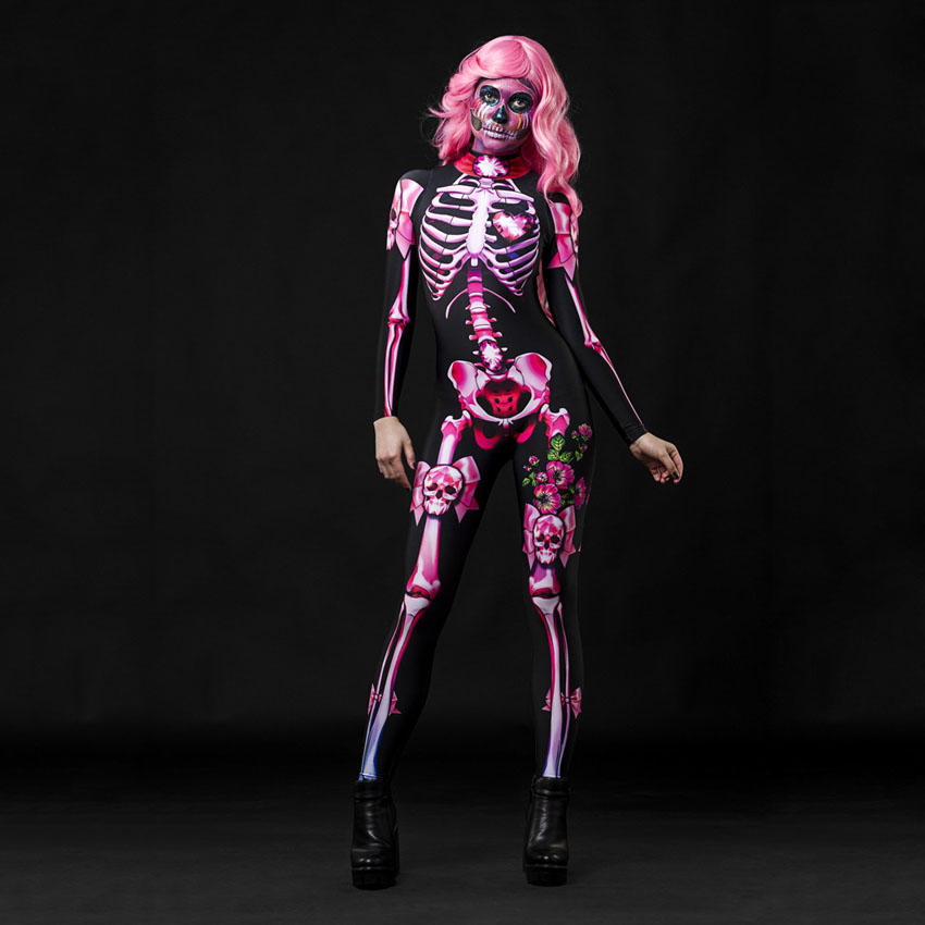 Adult Kid Mother Daughter Halloween Skeleton Cosplay Jumpsuit Pink Rose Women Sexy Skull Scary Costume Girl 3D Print Bodysuit alx