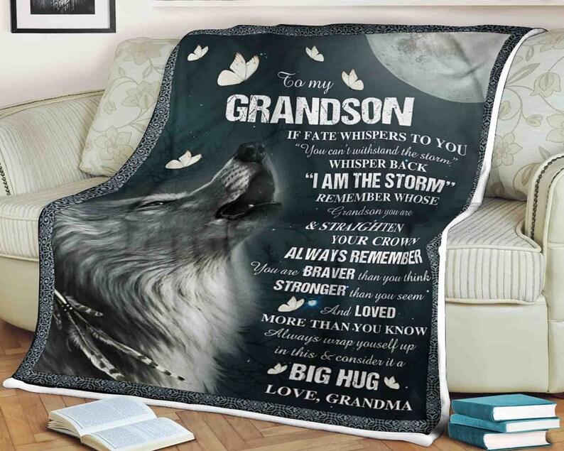 Wolf Blanket To My Grandson Whisper Back I Am The Storm Always Remember You Are Braver Stronger,Gift For Grandson Family Home Decor Bedding Couch Sofa Soft And Comfy Cozy