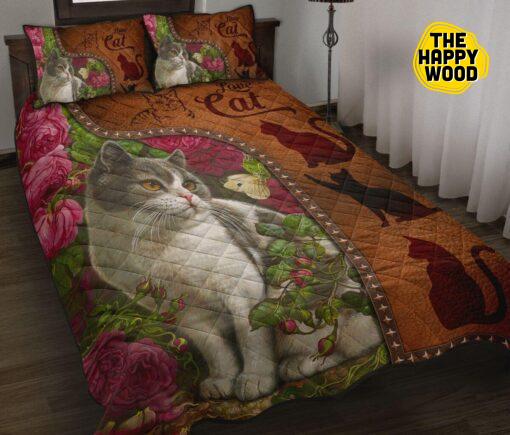 Cat Flower Art Leather Style Quilt Bed Set And Pillow Covers