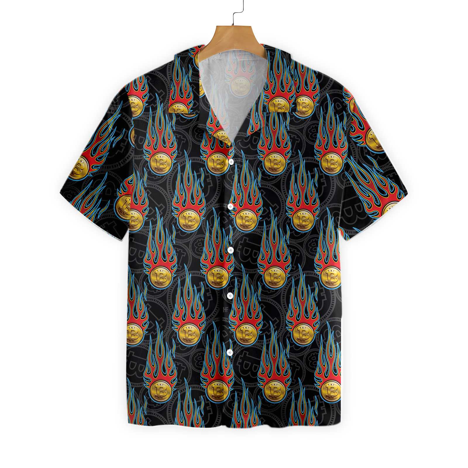 Digital Bitcoin Crypto Currency Pattern With Hotrod Flame Hawaii Shirt Ha80373