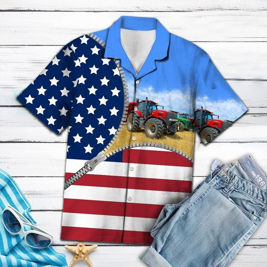 Independence Day Hawaiian Shirt Farmer Hawaiian Usa Flag Zipper Print Art Hawaiian Ha39437