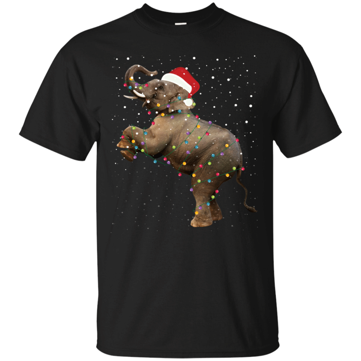 Elephant Wearing Santa Hat Surrounded By Christmas Lights T-Shirt T-Shirt