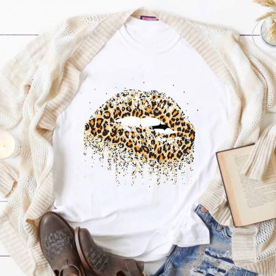 Sexy Leopard Lips Print T-shirt Summer Women Short Sleeve Tee Tops