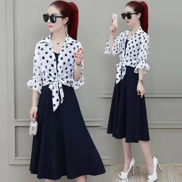 Summer Retro Midi Black Dress and Polka Dots Blouse Top Women Sets Fashion Female Suit Set 5XL Two Piece Suits J283 alx