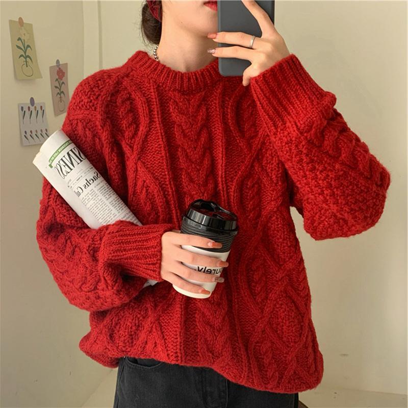 Autumn Winter Women Red Pullovers Loose Vintage Twist Jumpers Long Sleeve Knit Outwear Tops Korean Preppy Style O-neck Sweaters alx