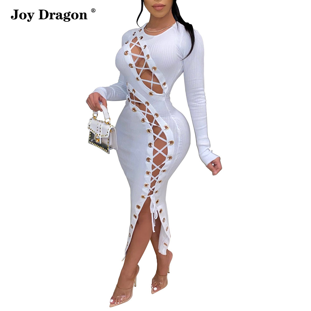 Autumn Winter Women Long Dress Fashion Elegant Sexy Casual Long Sleeve Lace Up Bodycon Dress Female Clothing Plus Size Party alx