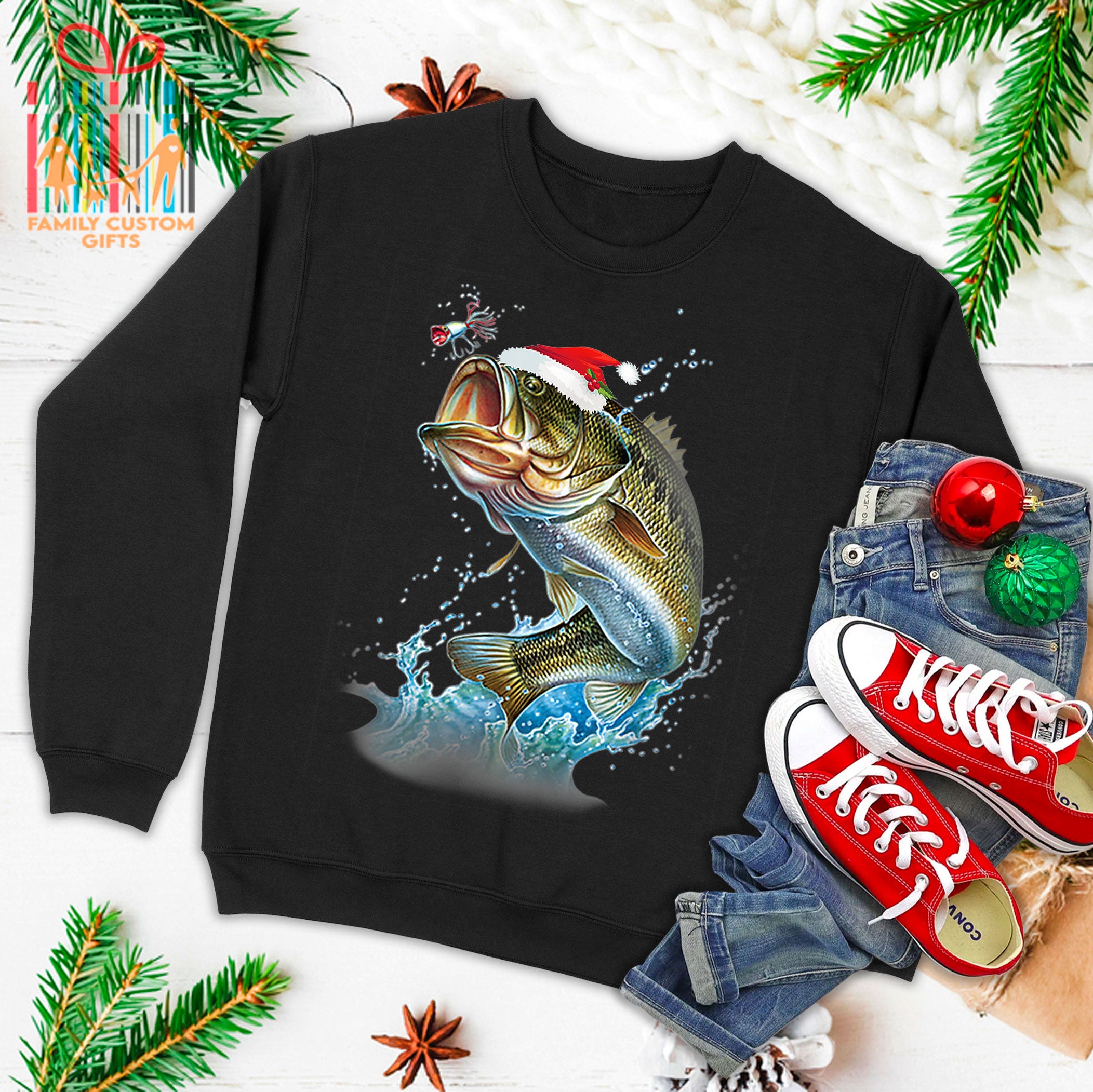 Ugly Fishing Christmas Bass Fish Tshirt Merry Fishmas Pajama Ugly Christmas Sweater T-Shirt