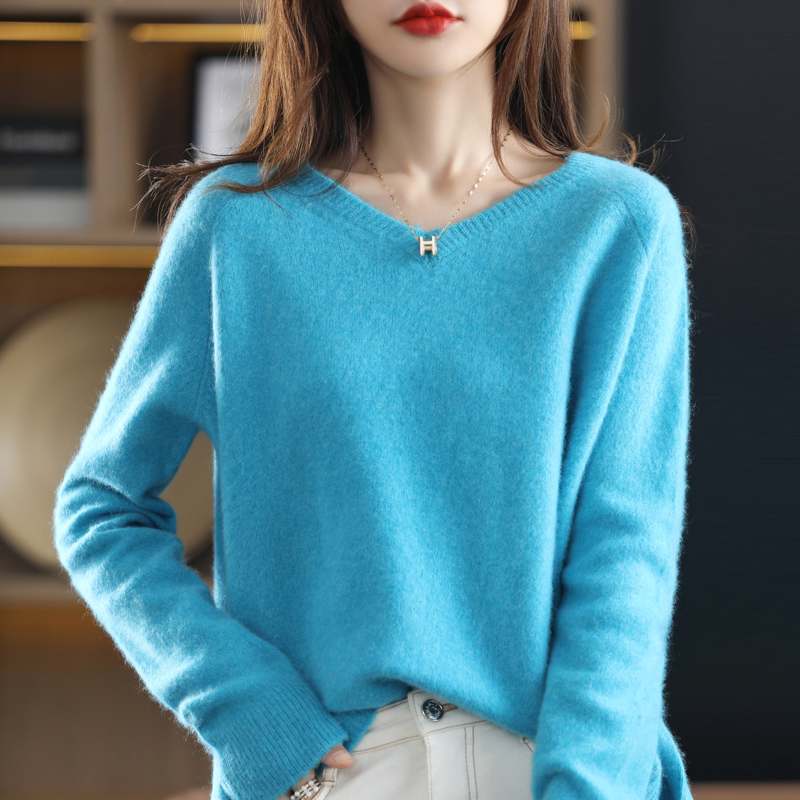 100% Pure Wool Sweater Lazy Wind Loose Large Size V-Neck Pullover Sweater Women’s Spring And Autumn Leisure All-Match alx