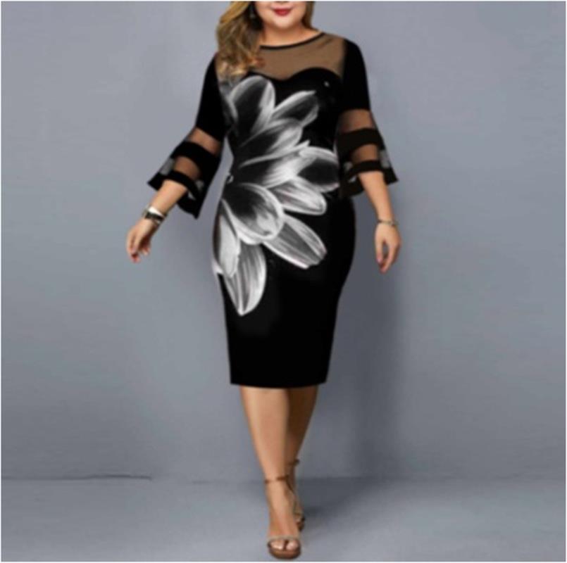 Women Dresses Plus Size Flower Print Mesh Midi Dress Lady 3/4 Sleeve Party Dress Summer Wedding Clothing Dress 5XL 6XL Big Size alx