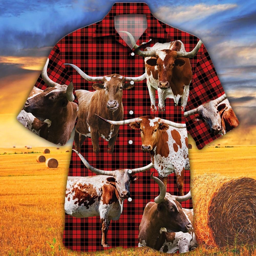 Tx Longhorn Cattle Lovers Red Tartan Pattern Hawaii Cow Hawaii Shirt For Men Women Ha23756