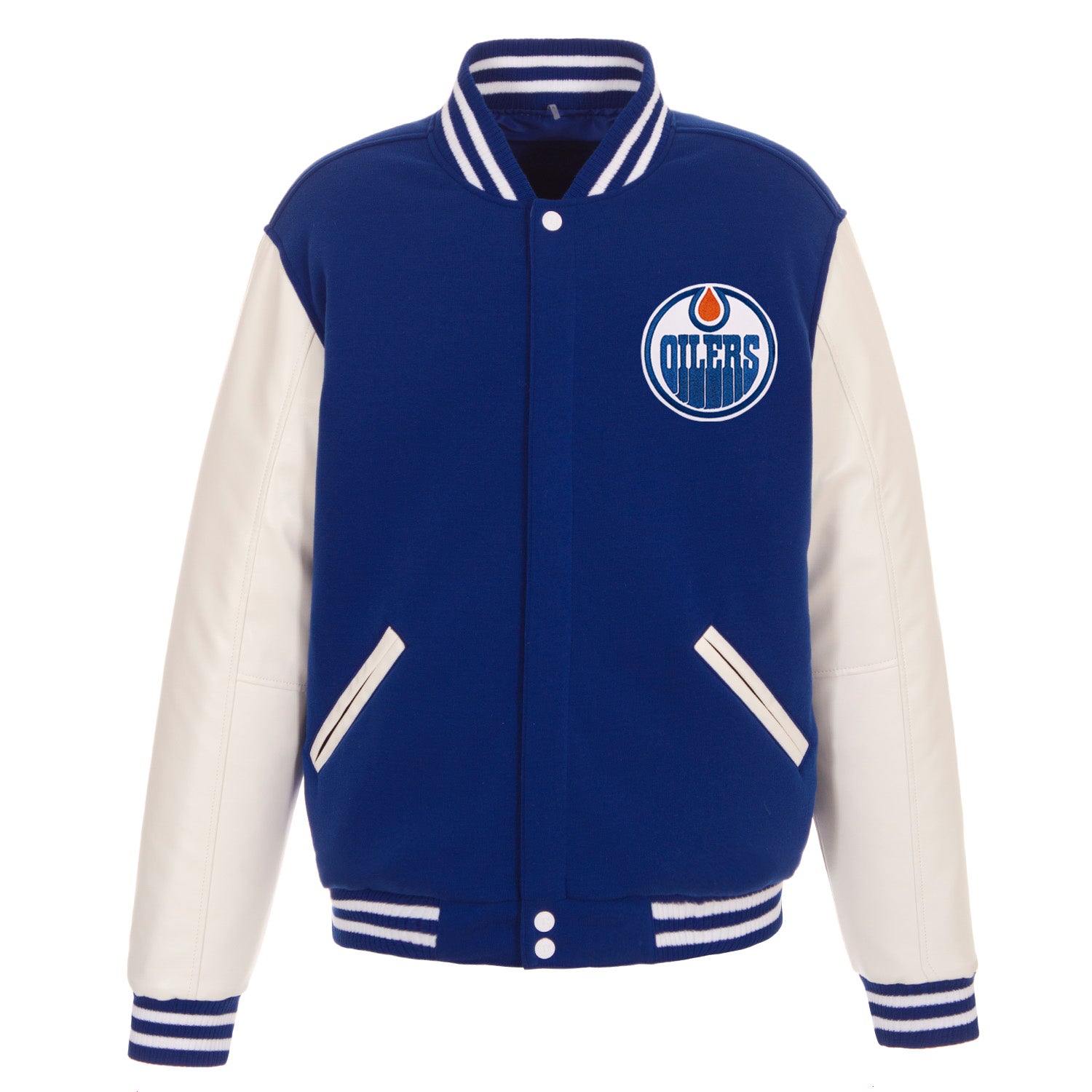 Edmonton Oilers Royal White Baseball Jacket