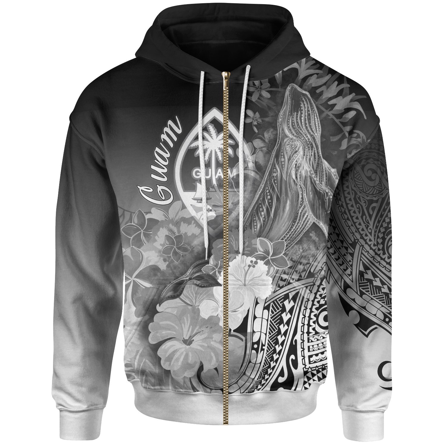 Guam Zip-Up Hoodie – Humpback Whale with Tropical Flowers (White)- BN18