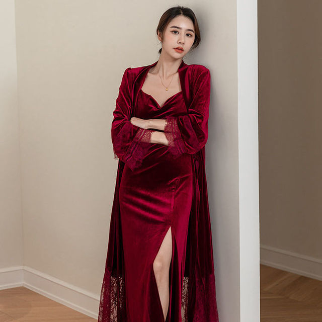 Women Sexy Lace Robe & Gown Sets 2 Pieces Velour Sleepwear Sets Long Sleeve Bathrobe Pajamas Dress Autumn Winter Home Clothes alx