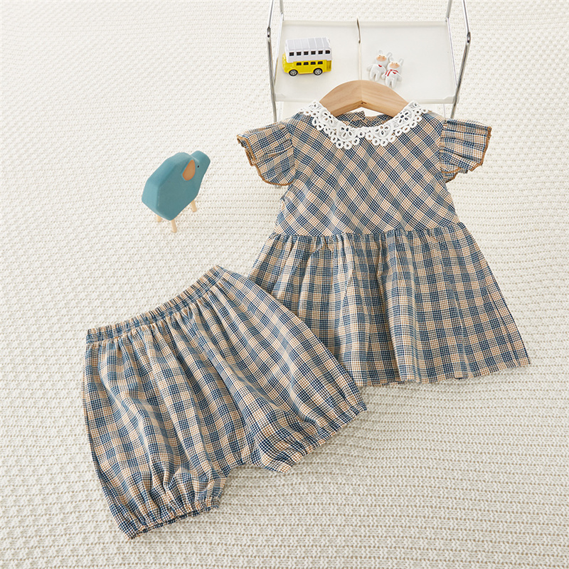 2pcs Baby Girls Dress 0-5Y Casual Plaid Sleeveless Cotton Dress Infant Birthday Party Dress Toddler Baby Girl Clothes Set alx