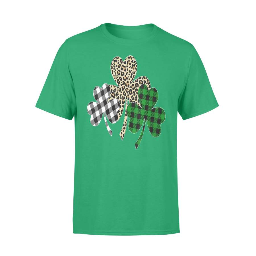 Womens Irish Shamrocks Leopard Buffalo Plaid St Patrick’s Day T-Shirt – Standard T-shirt