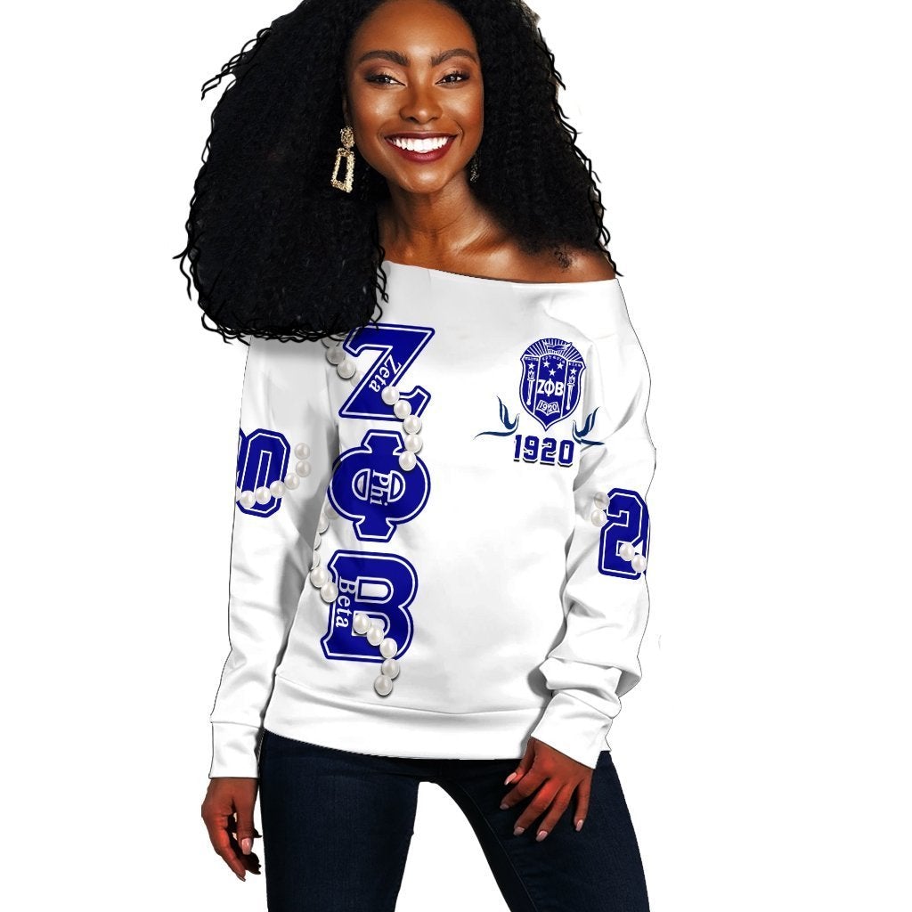 Wonderprint Sweatshirt – Zeta Phi Beta Pearl White Offshoulder