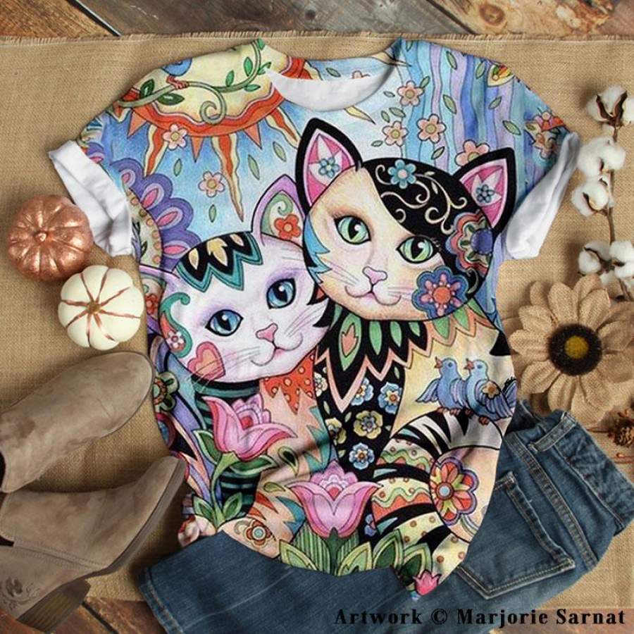FLOWER COUPLE CAT BOTANICAL T-SHIRT