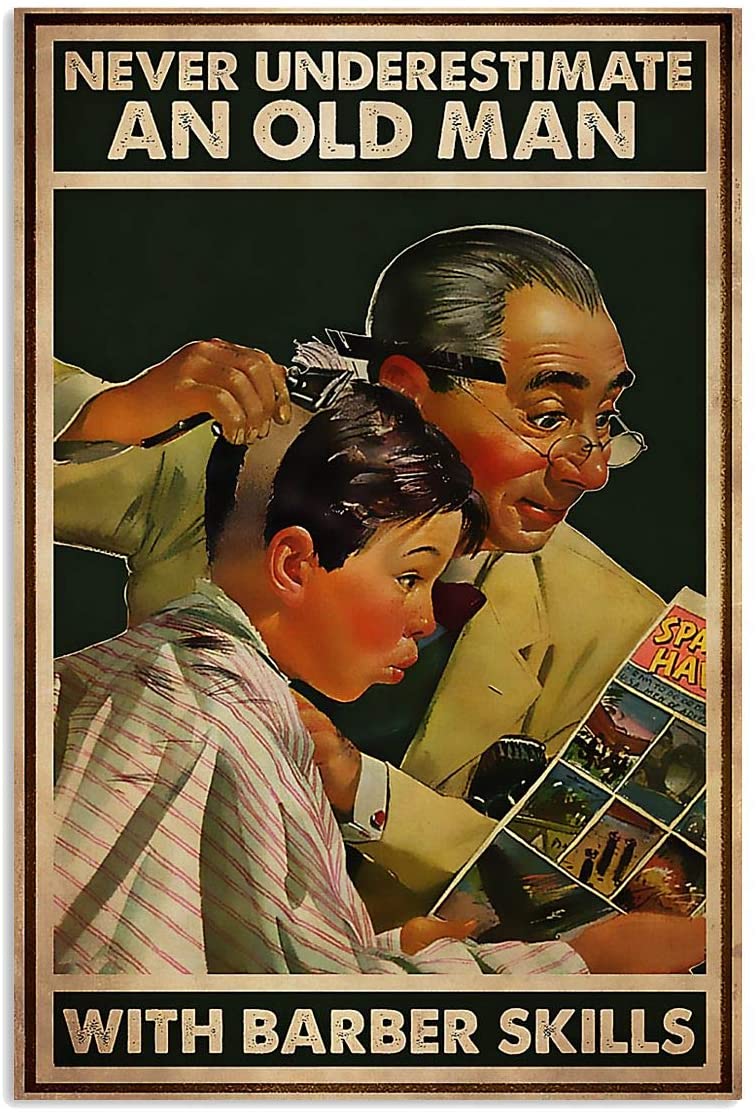 Vintage Hairdresser Old Man With Barber Skills – Never Underestimate Poster Art Print      Home Decor Gift For Men Women Family Friend On Birthday Xmas