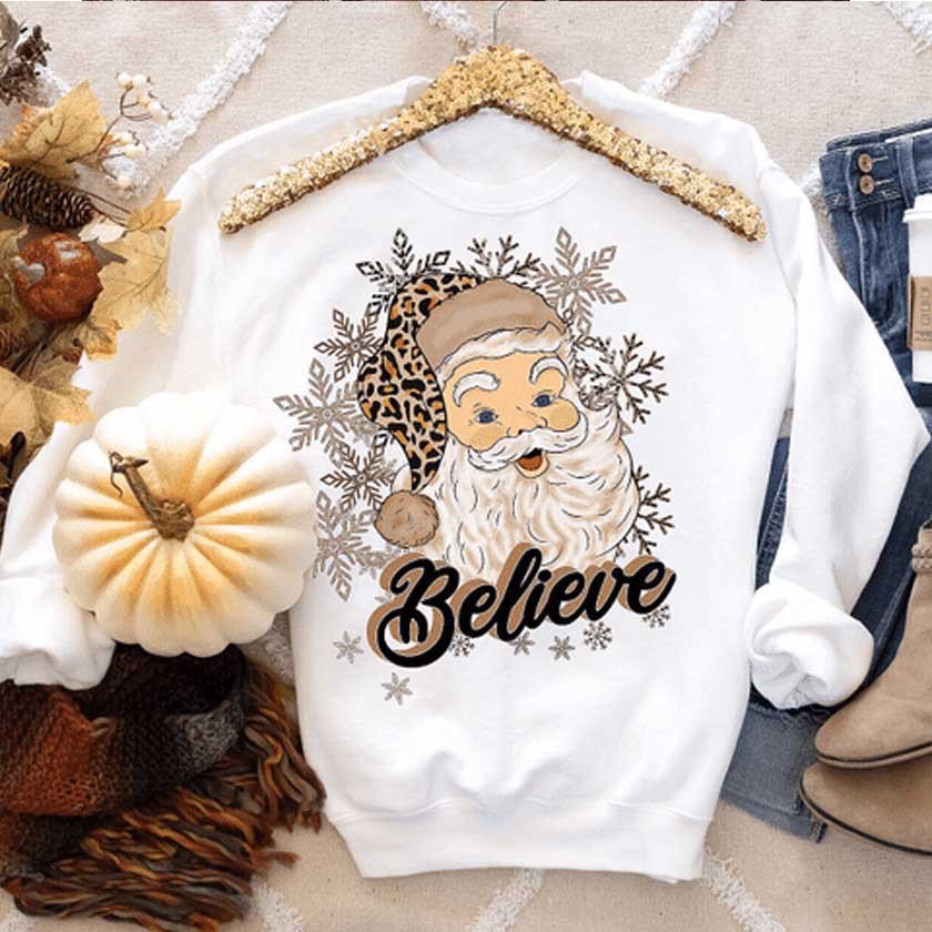 Santa Claus Christmas Believe Mix Leopard 3D Hoodies Shirt Ugly Sweater