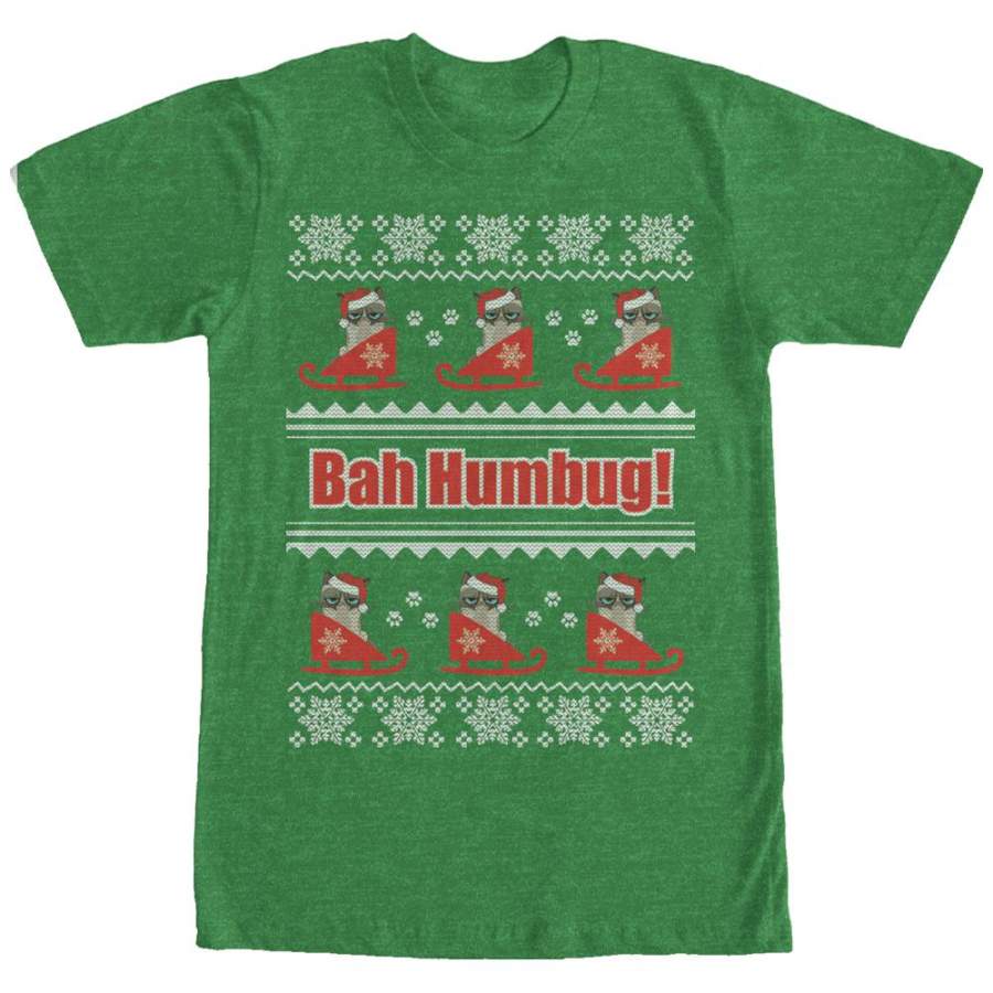 Grumpy Cat Men’s Ugly Christmas Bah Humbug  T Shirt Kelly Heather