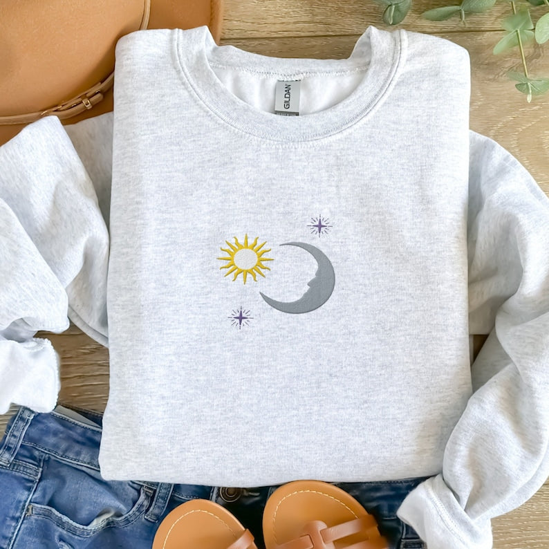 Boho Sun Moon Embroidered Sweatshirt 2D Crewneck Sweatshirt All Over Print Sweatshirt For Women Sweatshirt For Men Sws4351