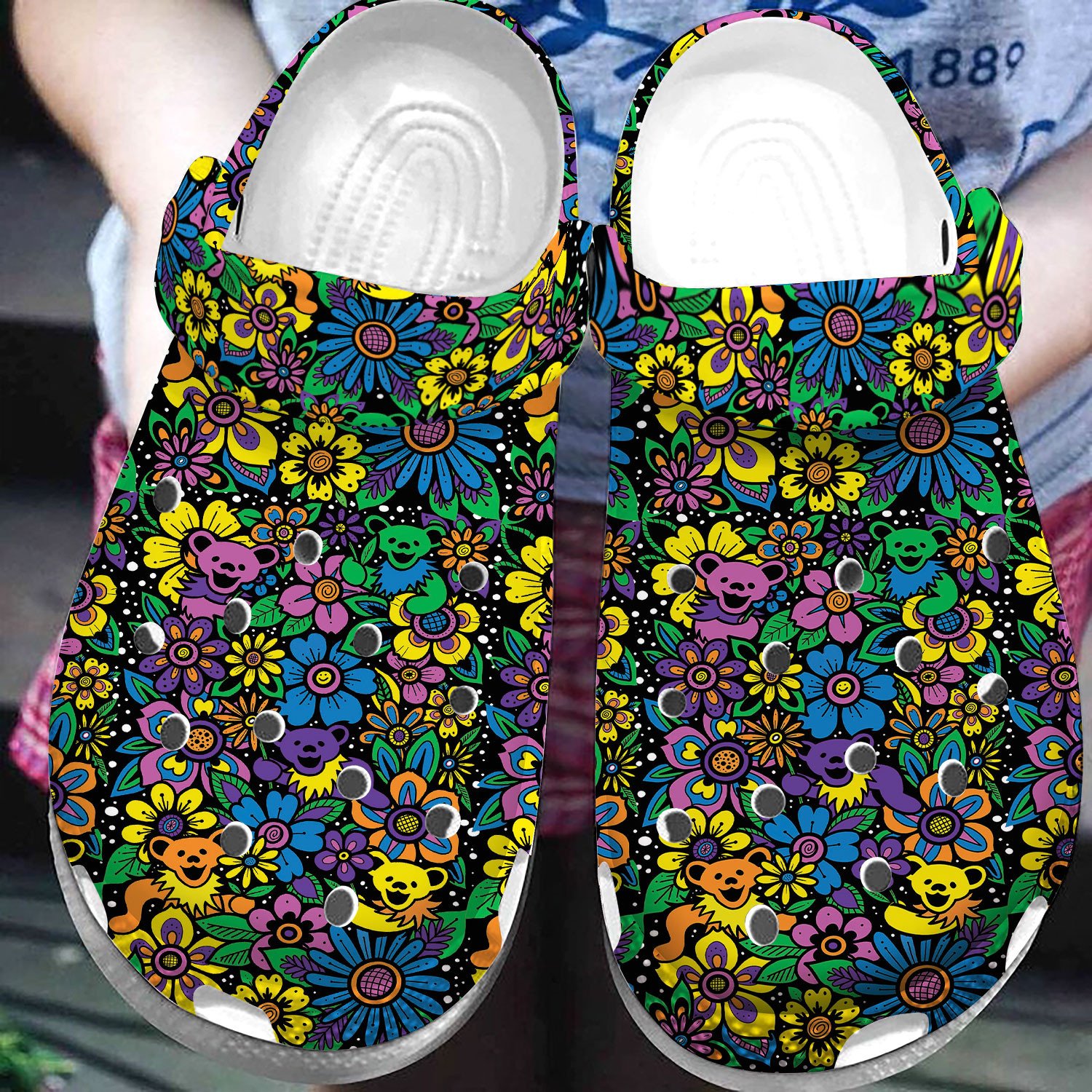 Hippie Grateful Dead Bears Dancing Flower Clog Shoes #Dh