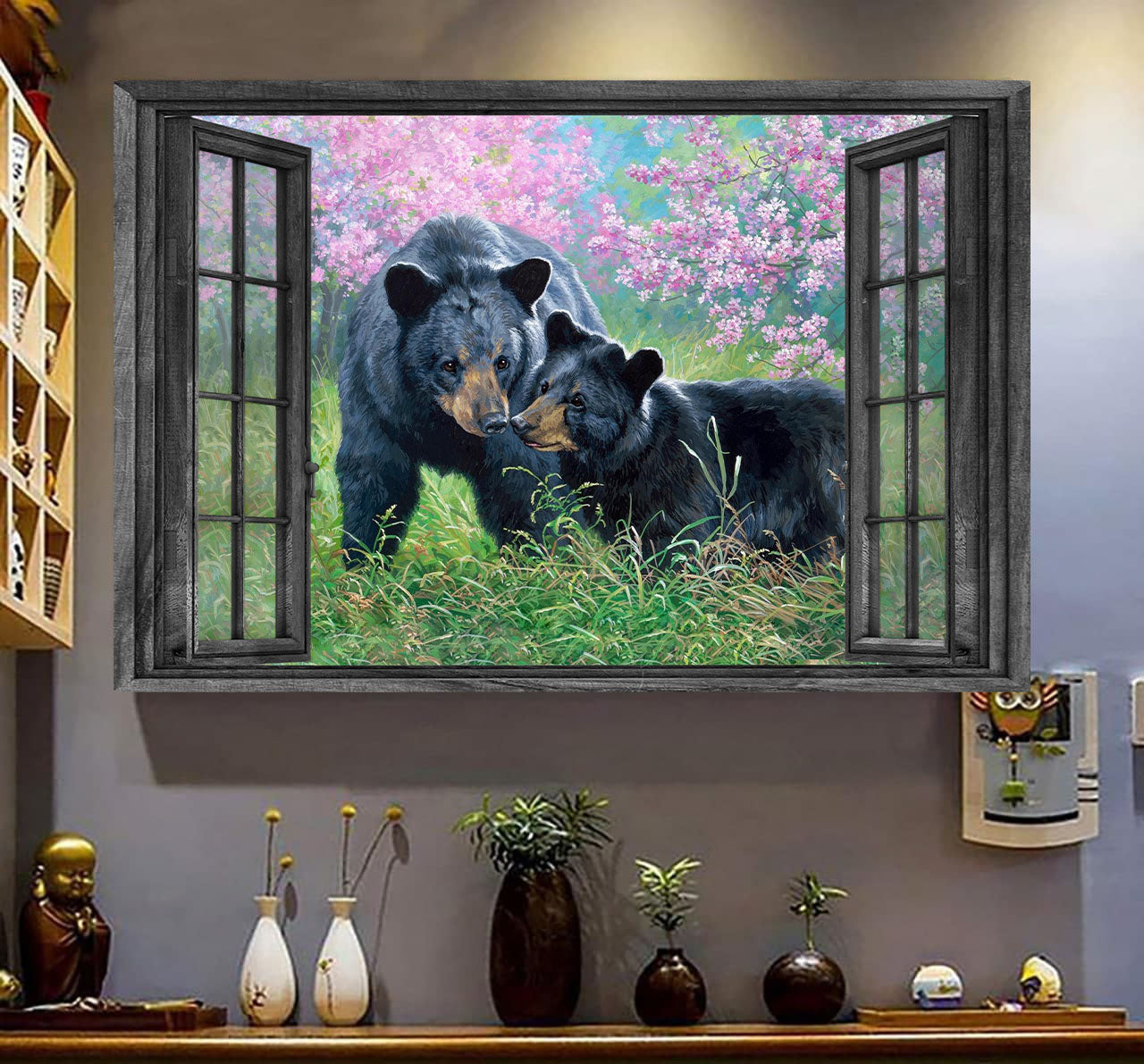 Bear 3D Wall Art Painting Art 3D Wild Animals Lover Bear Blossom Home Decoration Gift Idea Mother Day Christmas