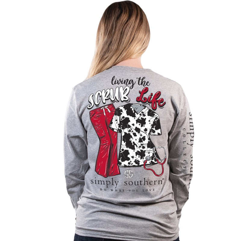 Simply Southern Nurse Scrub Life Cow Print Long Sleeve T-Shirt