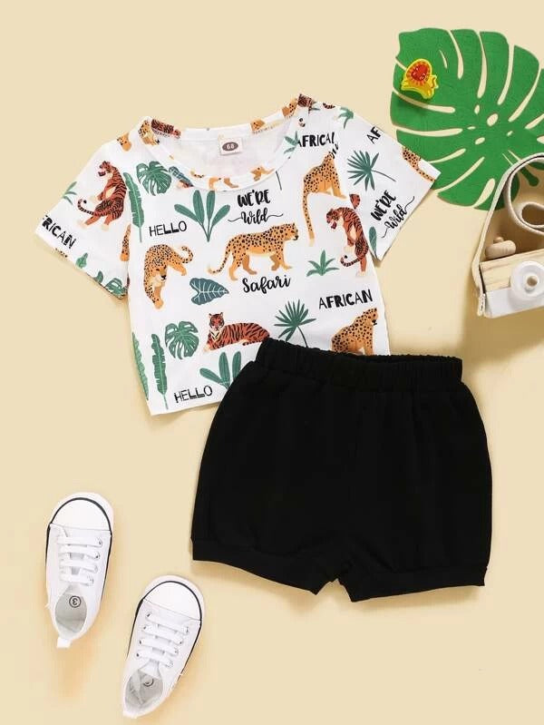 Baby Boy Letter & Tiger Print Tee With Shorts